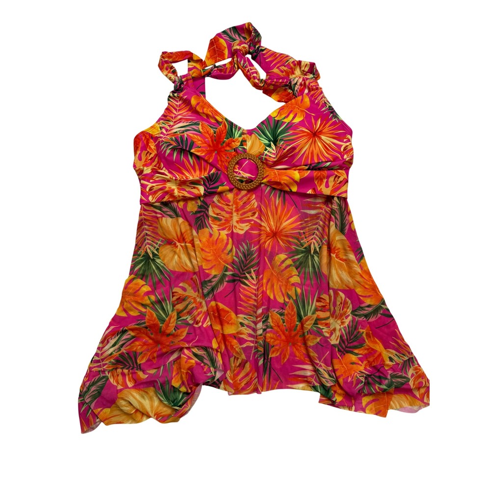 Kim Curvy Tropical Floral Halter Swim Dress Pink Orange Plus Size 22W NWT